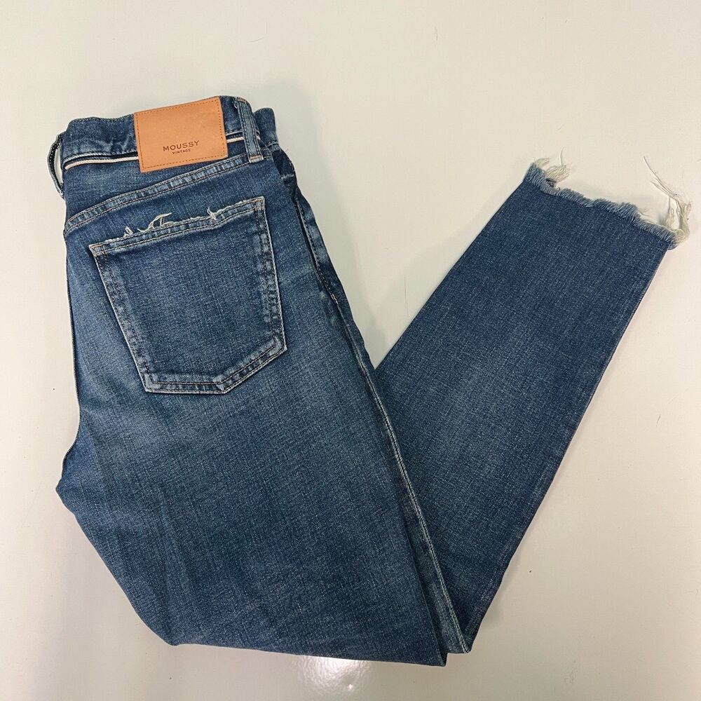 Moussy Vintage Womens 27 Distressed Jeans Cowhide Leather Raw Hem Made in Japan